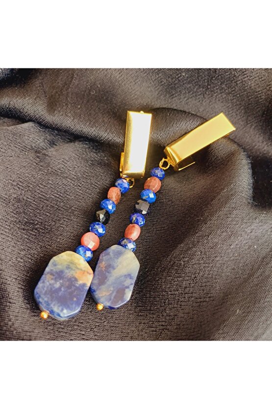 Dogal Taş Küpe Sodalit Lapis Lazuli Rodonit Birlikteligi Özgüven Kristalleri