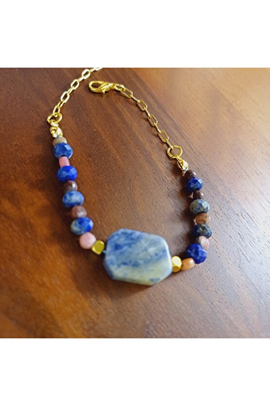 Doğal Taş SODALİT RODONİT  VE LAPİS LAZULİ BİLEKLİK 3 Güçlü Kristal ayarlanabilir ölçü