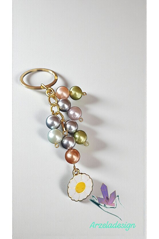 Boncuk Papatya Anahtarlık  Sedef Boncuk Inci