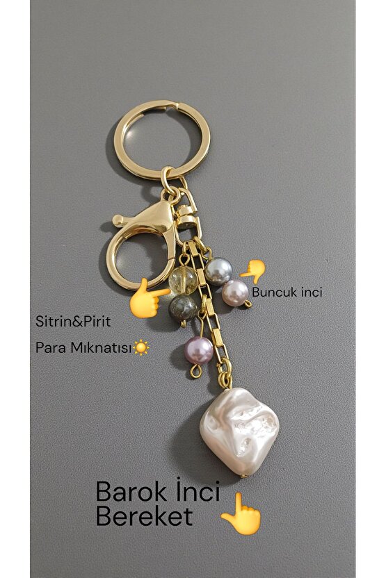 Doğal Taş Anahtarlık Barok İnci Sitrin  Pirit Bolluk ve Berekt  Anahtarligi