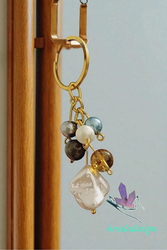 Doğal Taş Anahtarlık Barok İnci Sitrin  Pirit Bolluk ve Berekt  Anahtarligi