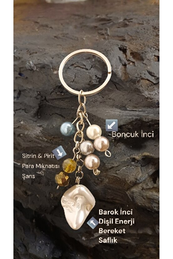 Doğal Taş Anahtarlik Barok İnci Sitrin ve Pirit Para Miknatisi Bolluk ve Bereket  Anahtarlğı
