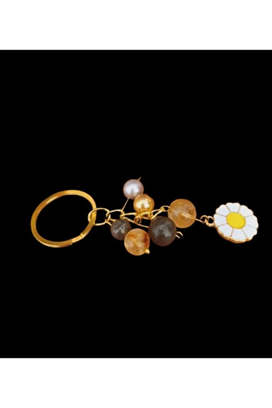 Doğal Taş Anahtarlik Bolluk Berekt ve Koruma Anahtarlığı Sitrin Pirit ve İnci