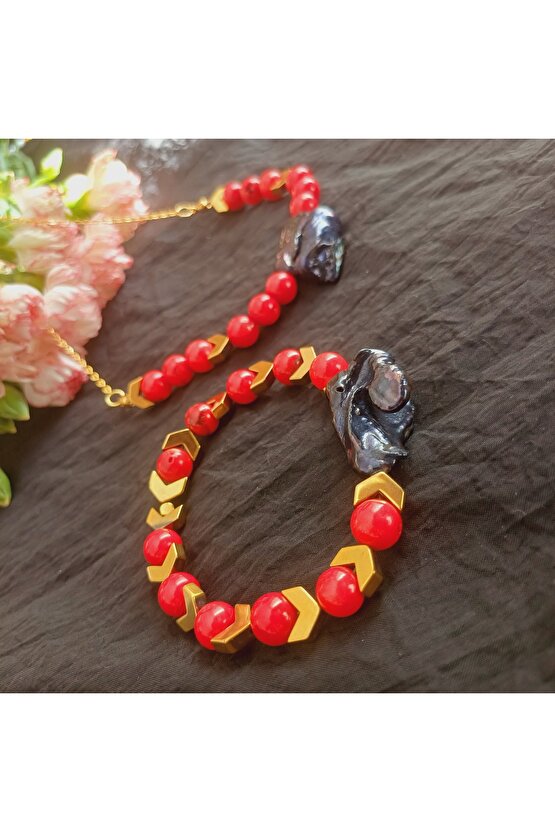 Doğal Taş MERCAN BAROK İNCİ  KOLYE VE BILEKLIK SET ÇELİK