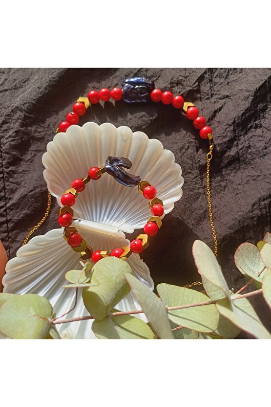 Doğal Taş MERCAN BAROK İNCİ  KOLYE VE BILEKLIK SET ÇELİK