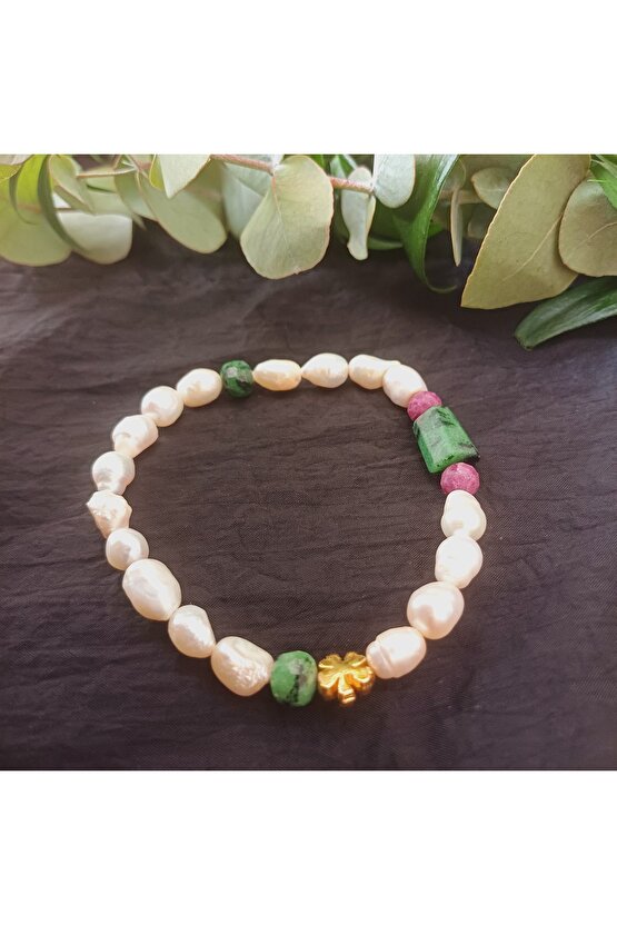 Dogal Taş Yakut İnci ve Yakutlu Rubizoit Bileklik Disil Enerji, Alma Verme Dengesi Kadin Bileklik