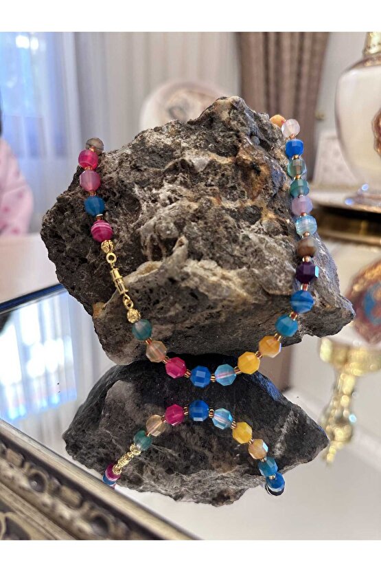 Doğal Taş Fasetli  Karma AKİK Kolye