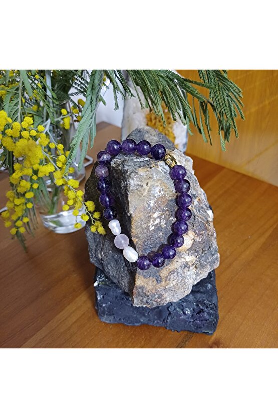 Doğal Taş Ametist Bileklik Pozitif Enerji ve Koruma Bilekligi 8mm
