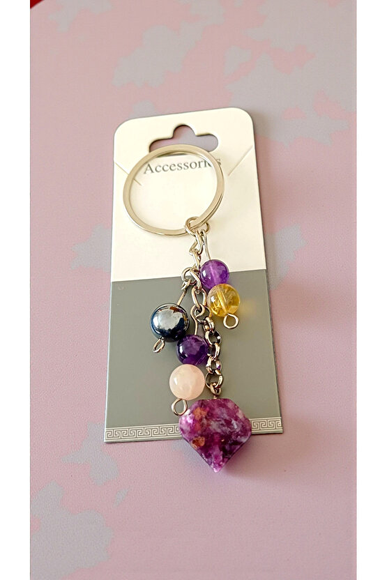 Doğal Taş Anahtarlık, Bolluk Bereket Anahtarlığı,lepidolit Ametist ,pembe Kuvars,kristal Kuvars