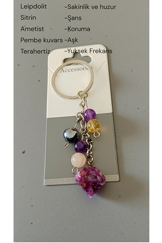 Doğal Taş Anahtarlık, Bolluk Bereket Anahtarlığı,lepidolit Ametist ,pembe Kuvars,kristal Kuvars
