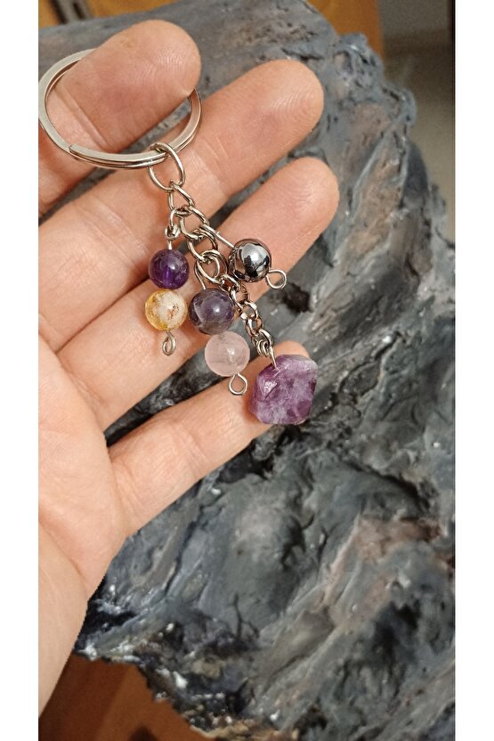Doğal Taş Anahtarlık, Bolluk Bereket Anahtarlığı,lepidolit Ametist ,pembe Kuvars,kristal Kuvars