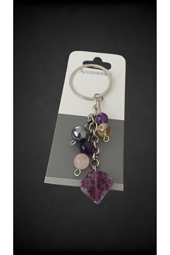 Doğal Taş Anahtarlık, Bolluk Bereket Anahtarlığı,lepidolit Ametist ,pembe Kuvars,kristal Kuvars