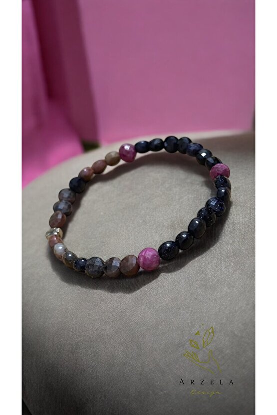 Doğal Taş RODONİT YILDIZ TAŞI VE YAKUT BİLEKLİK 4mm Yakut 6mm