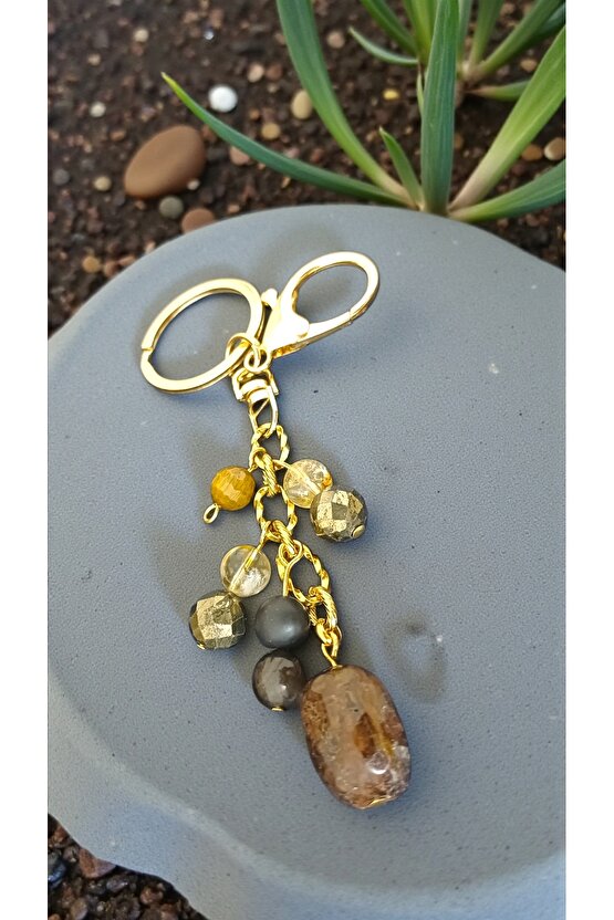 Doğal Taş  BEREKET ANAHTARLIĞI  (KUVARS SİTRİN PIRIT OBSIDYEN SUNGIT)