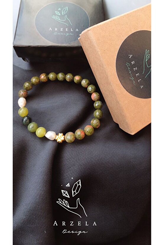 Doğal Unakit Yeşim Ve Incı Ile Huzur Bilekliği(DİSİL ENERJİ) 8mm