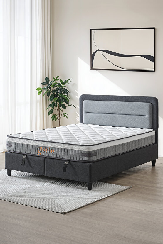 Gisele Modeli Full Ortopedik Çift Kişilik Pedli Yataklı Baza ve Başlık Takımı 3 lü Set