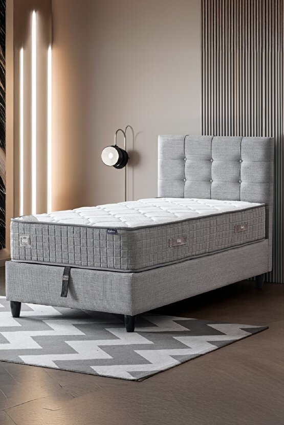 Mimoza Modeli Tek Kişilik Full Ortopedik Antibakteriyel Yataklı Baza ve Başlık Takımı 3 lü Set