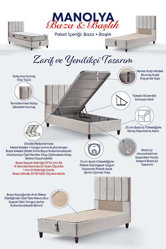 Manolya Serisi Tek Kişilik Sandıklı Baza ve Başlık + Full Ortopedik Paket Yaylı Yatak Takımı 3 lü Se