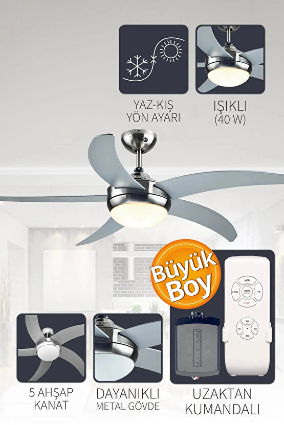 Hanki 5 Kanat Uzaktan Kumandalı Gri Tavan Vantilatörü