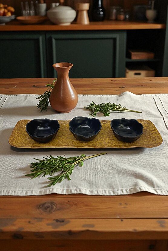 Wood Savana 41cm Porselen Kayık Sunum Tabağı  Porselen Sosluk Kase Siyah 9cm