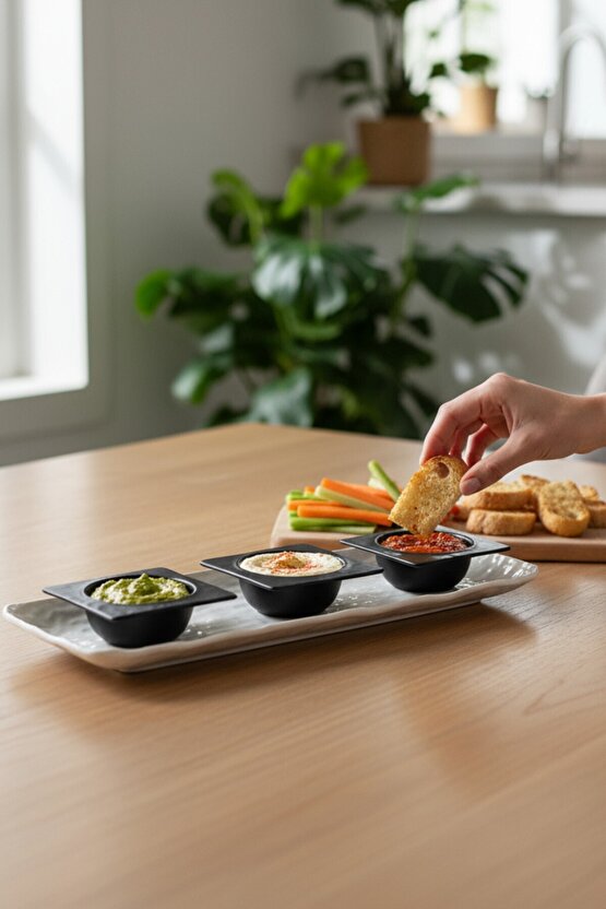 Wood 41 cm Porselen Kayık Sunum Tabağı  Porselen Sosluk Kase 12cm