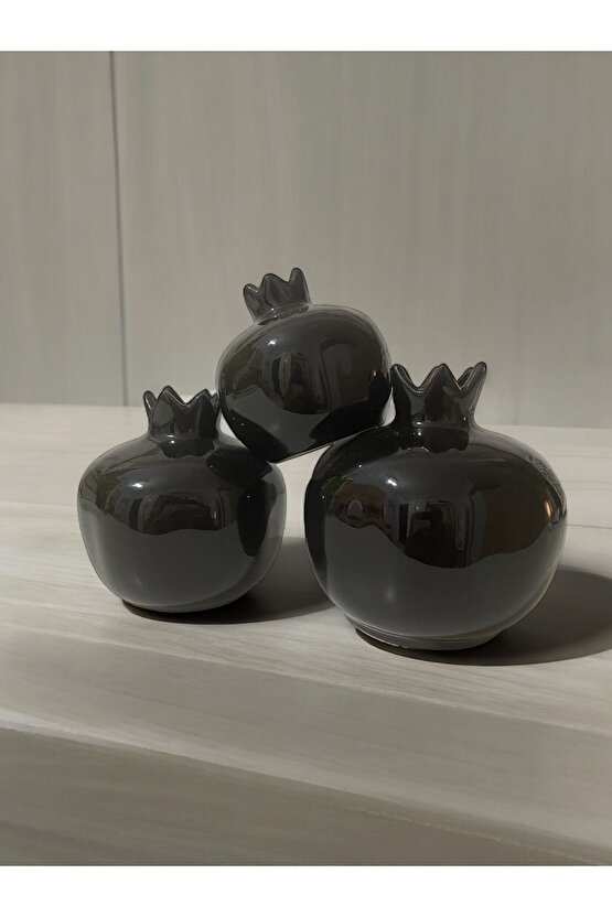 3lü Siyah Çini Seramik Bereket Narı Biblo Takımı - Konsol Salon Seti - Sukulent Saksı