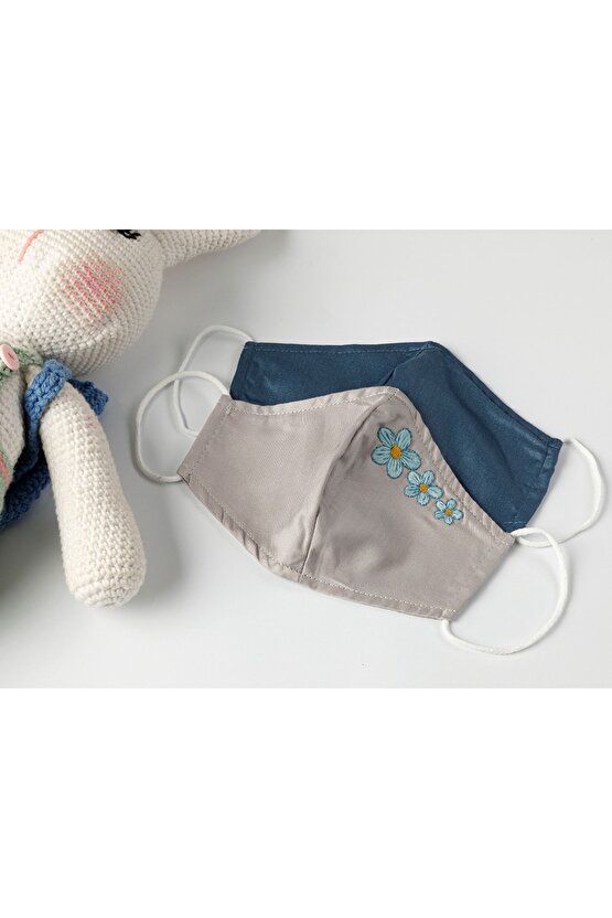 Elegant Flower Pamuk Nakış Detaylı Maske 17x8 Cm Gri - İndigo
