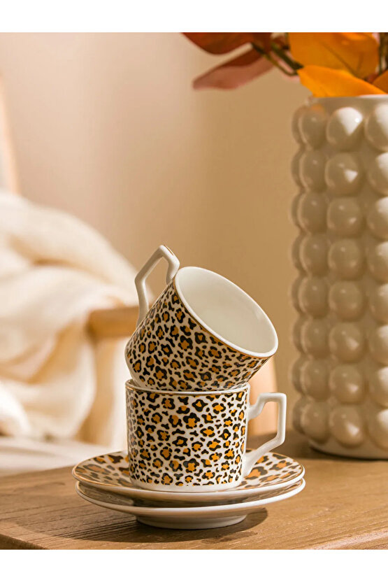 LCW HOME Karışık Leopar Desenli İki Kişilik Porselen Kahve Fincan Takımı 90 ml