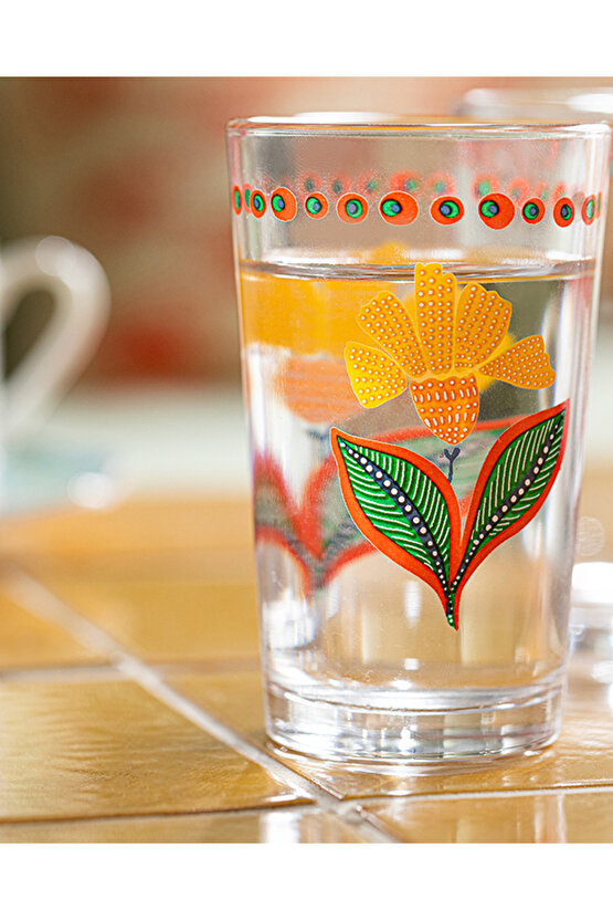 Exotic Flower Cam 6lı Kahve Yanı Su Bardağı Pembe - Turuncu