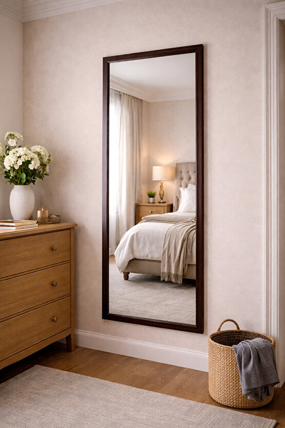 Ahşap Görünüm Kahverengi Çerçeveli Duvar Aynası-Özel Ölçü Seçenekleri-3cm Çerçeve Genişliği