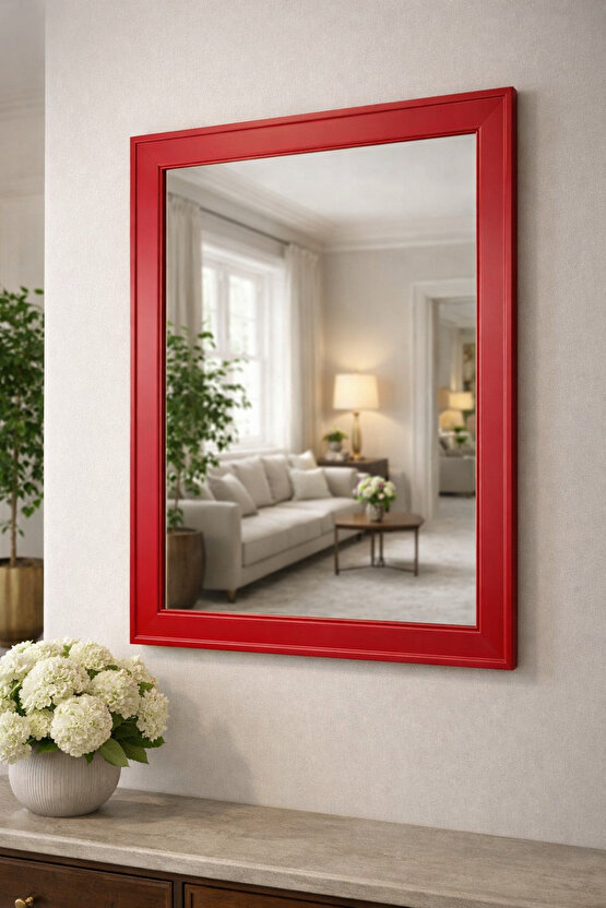 Kırmızı Çerçeveli Duvar Aynası - Dekoratif Ayna - Özel Ölçü - 5cm Çerçeve Genişliği
