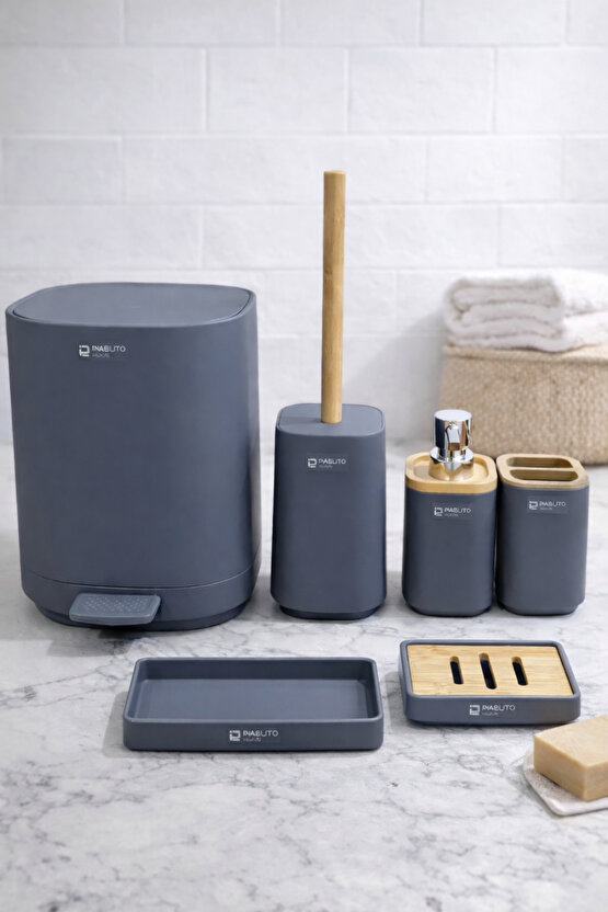 Bambu Detaylı Banyo Seti 6’lı – Mat GriAntrasit Tezgah Üstü Organizer + Pedallı Çöp Kovası