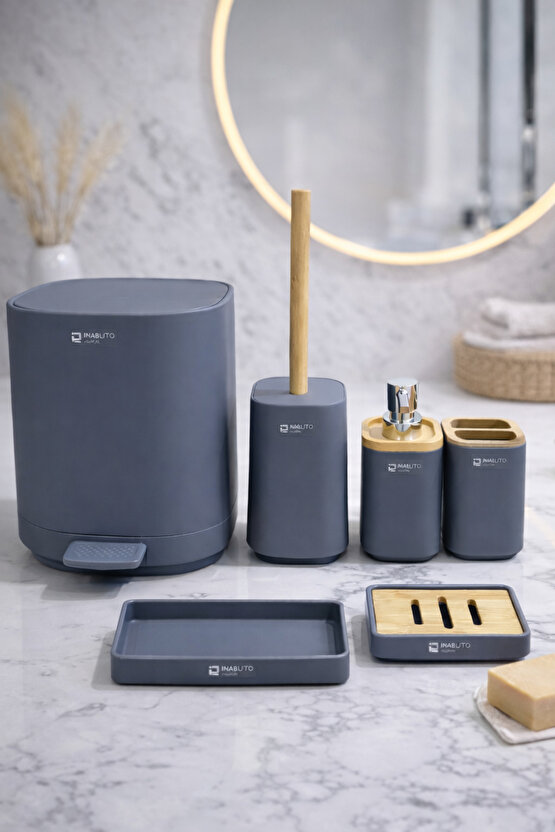 Bambu Detaylı Banyo Seti 6’lı – Mat GriAntrasit Tezgah Üstü Organizer + Pedallı Çöp Kovası