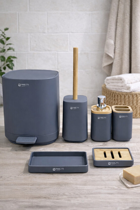 Bambu Detaylı Banyo Seti 6’lı – Mat GriAntrasit Tezgah Üstü Organizer + Pedallı Çöp Kovası