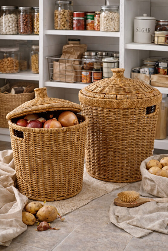 2’li Rattan Patates Soğan Saklama Sepeti Seti Kapaklı – Büyük 27×28×27  Küçük 23×24×24 cm