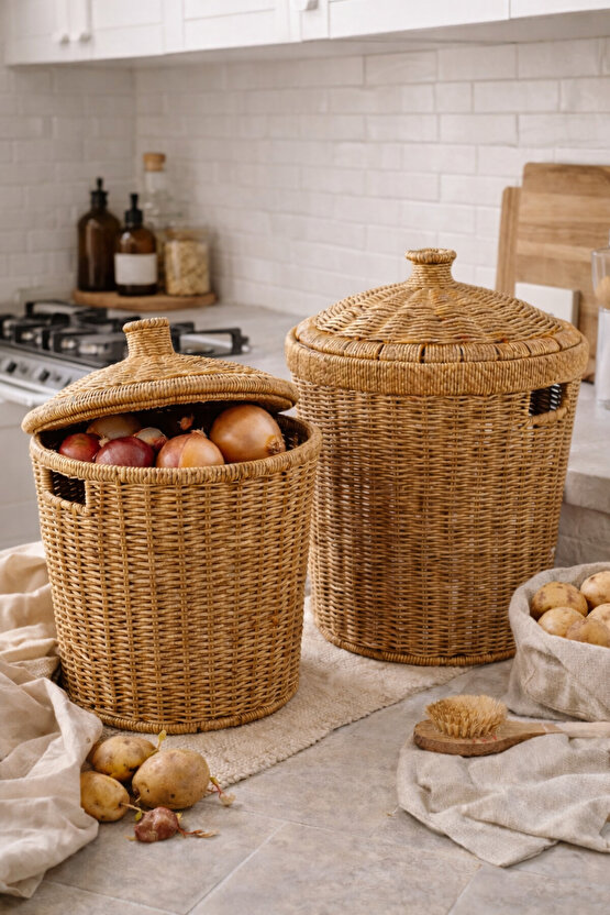 2’li Rattan Patates Soğan Saklama Sepeti Seti Kapaklı – Büyük 27×28×27  Küçük 23×24×24 cm