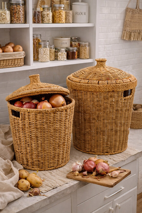 2’li Rattan Patates Soğan Saklama Sepeti Seti Kapaklı – Büyük 27×28×27  Küçük 23×24×24 cm