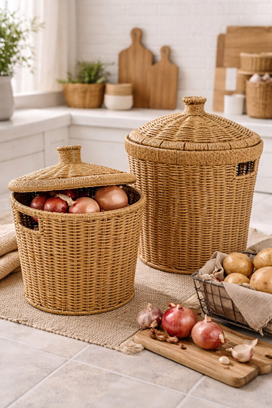 2’li Rattan Patates Soğan Saklama Sepeti Seti Kapaklı – Büyük 27×28×27  Küçük 23×24×24 cm