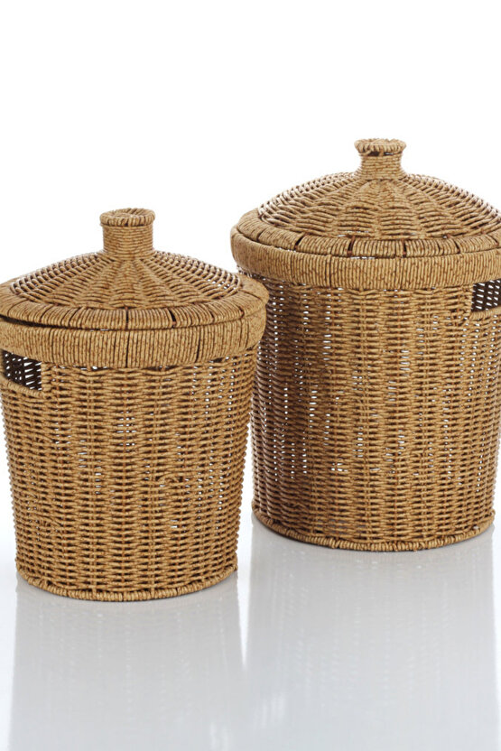 2’li Rattan Patates Soğan Saklama Sepeti Seti Kapaklı – Büyük 27×28×27  Küçük 23×24×24 cm