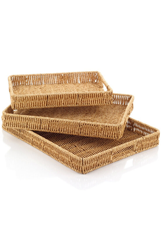 3’lü Rattan Dikdörtgen Tepsi Seti – Hasır Servis & Sunum Tepsisi, Doğal Görünüm