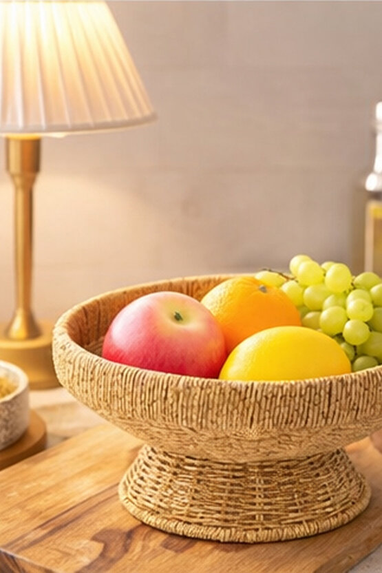 Ayaklı Rattan Meyvelik – Hasır Dekoratif Servis Kasesi, Doğal Görünüm