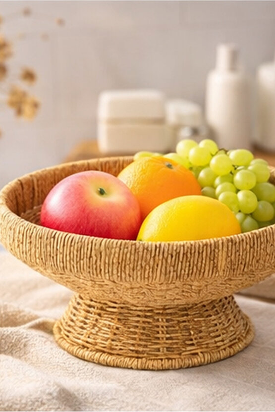 Ayaklı Rattan Meyvelik – Hasır Dekoratif Servis Kasesi, Doğal Görünüm