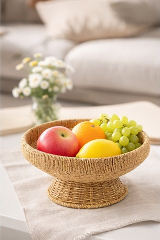 Ayaklı Rattan Meyvelik – Hasır Dekoratif Servis Kasesi, Doğal Görünüm