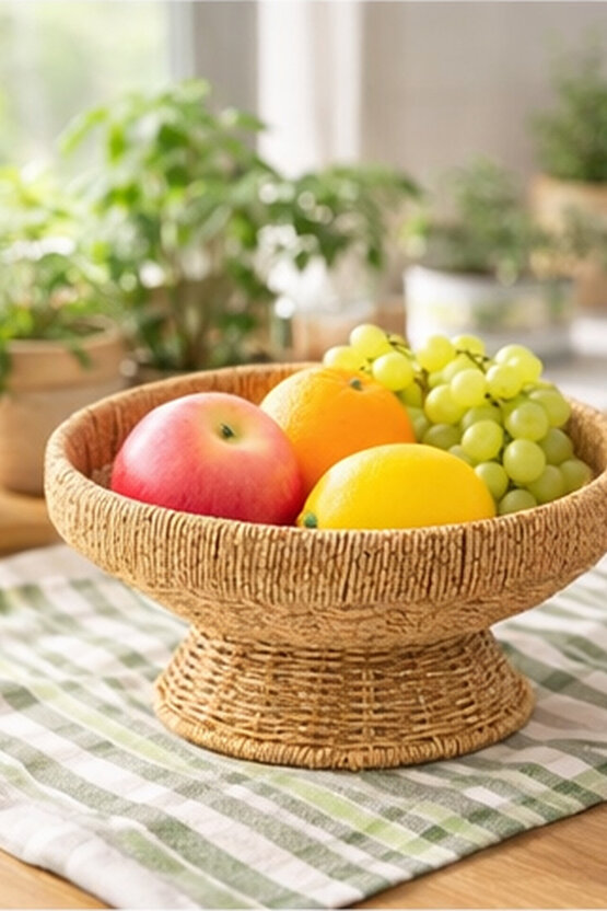 Ayaklı Rattan Meyvelik – Hasır Dekoratif Servis Kasesi, Doğal Görünüm