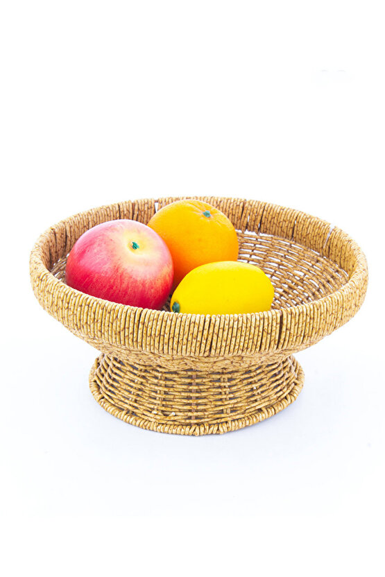 Ayaklı Rattan Meyvelik – Hasır Dekoratif Servis Kasesi, Doğal Görünüm