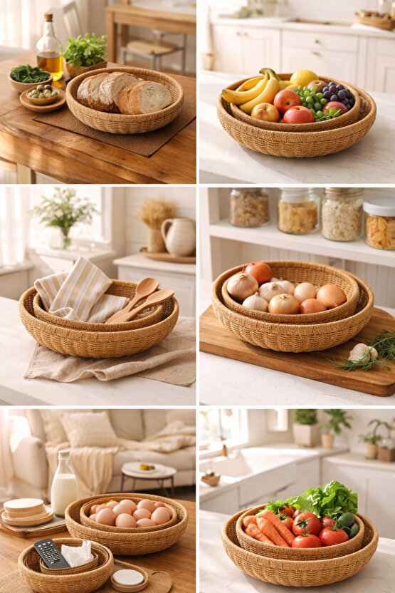 2’li Yuvarlak Hasır Servis Tepsisi Seti Rattan Örgü – İç İçe Geçen Dekoratif Sunum Tepsileri