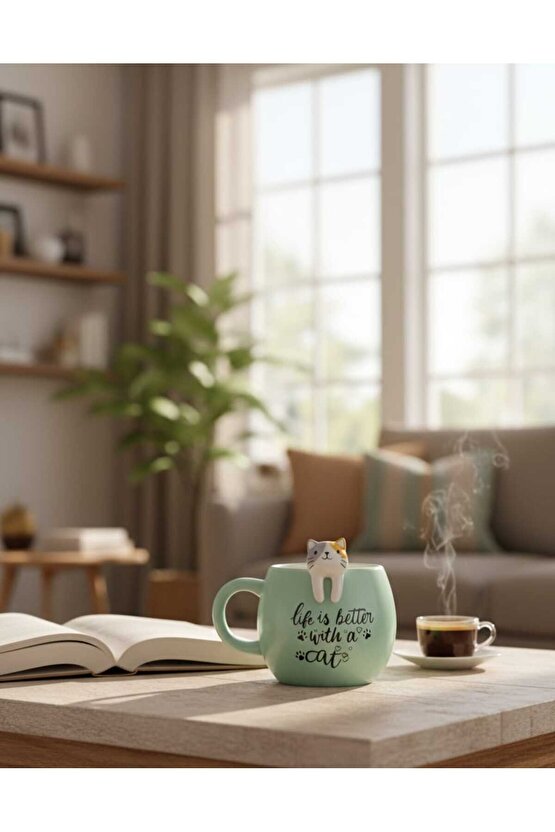 Kedi Figürlü Mug Kupa 420 ml – Yazılı Seramik Kupa – Sevimli Cat Mug – Hediye Kupa Bardak