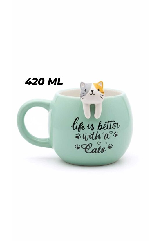 Kedi Figürlü Mug Kupa 420 ml – Yazılı Seramik Kupa – Sevimli Cat Mug – Hediye Kupa Bardak