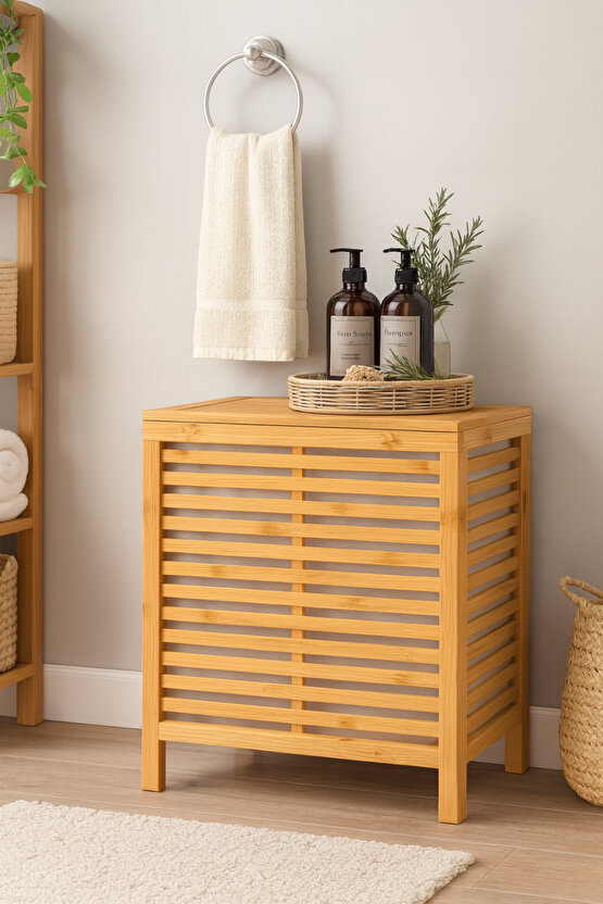 Bambu Kapaklı 105 Lt Çamaşır Sepeti Çok Amaçlı Depolama Dolabı Havalandırmalı Dekoratif Kirli Sepeti