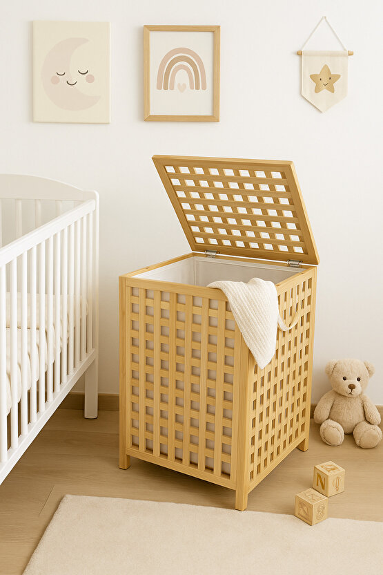 Bambu Kapaklı 80 Lt Çamaşır Sepeti – Çıkarılabilir İç Torbalı, Büyük Hacim, Şık Banyo Düzenleyici